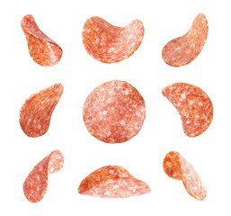 Set of sliced sausage isolated on a white background