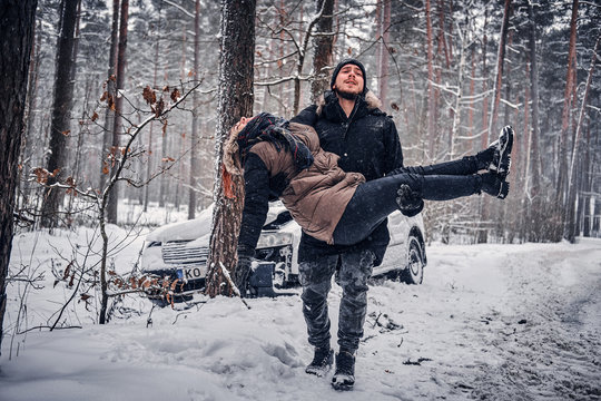 Car Accident Occurred In The Winter Forest