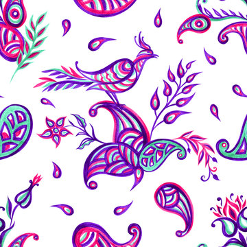 Seamless pattern of fairy birds and paisley on a white background, floral ornament, ethnic pattern, paisley, boho style, oriental motifs, hand-drawing