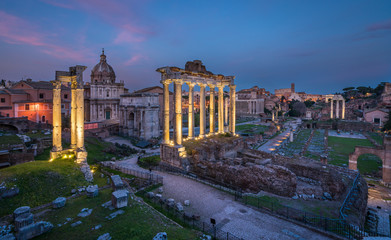 Naklejka na ściany i meble Roman Forum and Colosseum at sunset as seen from the Campidoglio Hill, Rome, Italy.