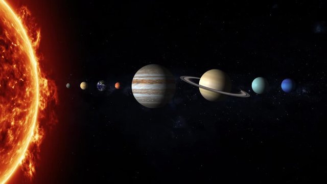 Our solar system consists of an average star the Sun, the planets Mercury, Venus, Earth, Mars, Jupiter, Saturn, Uranus, Neptune, and Pluto with stars of the milky way galaxy on background