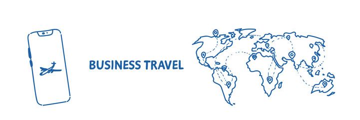 mobile application business travel concept tourism company agency world map with pins international traveling by plane sketch flow style horizontal
