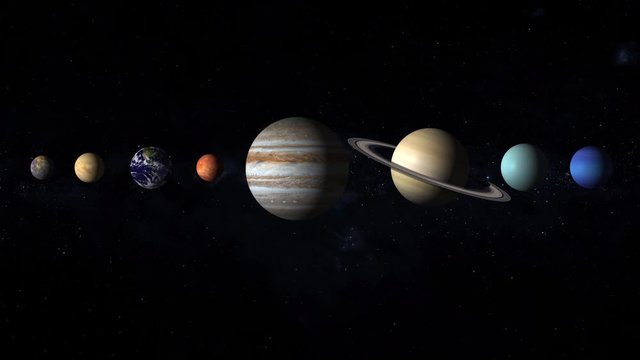 Our solar system consists of the planets Mercury, Venus, Earth, Mars, Jupiter, Saturn, Uranus, Neptune, and Pluto with stars of the milky way galaxy on background