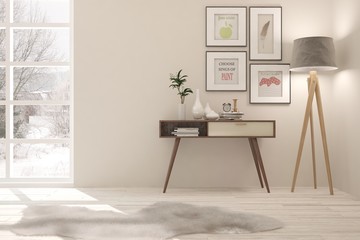 White stylish empty room with winter landscape in window. Scandinavian interior design. 3D illustration