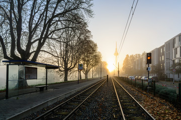 Fototapeta na wymiar Leere Straßenbahnhaltestelle früh am Morgen in Mannheim