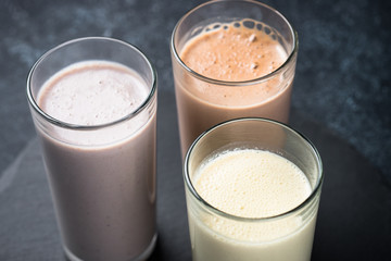 Protein cocktails in glasses, sport nutrition. 
