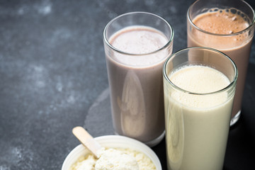 Protein cocktails in glasses, sport nutrition. 