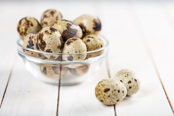 quail eggs in wooden plate over white background