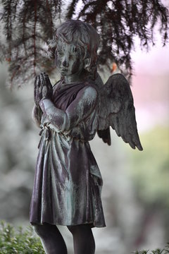 A sandstone sculpture of a praying angel under a fir.