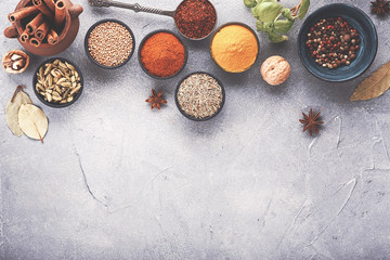 Wooden table of colorful spices.
