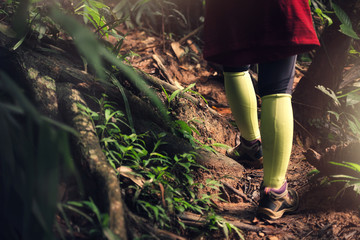 Close Up Asian Woman Hiker are Hiking in the Forest On Vacation , Travel Sport Lifestyle Concept