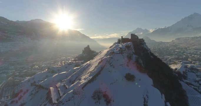 Approaching Sion hills in snow - Aerial 4K - Phantom 4 PRO