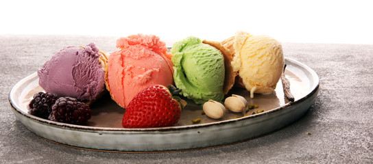 Set of ice cream scoops of different colors and flavours