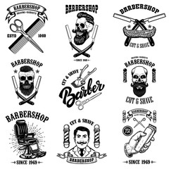 Set of vintage barber shop emblems, badges and design elements.  for logo, label, sign.