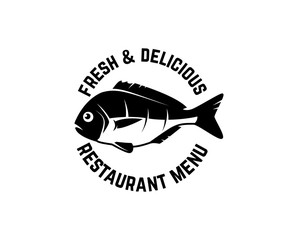 Fresh seafood. Label template with fish. Design element for logo, label, emblem, sign.