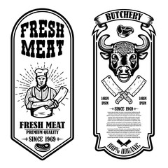 Set of vintage butchery and meat store flyers. Design element for logo, label, sign, badge, poster.
