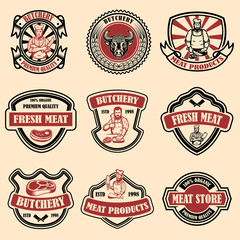Set of vintage meat store labels. Design element for logo, emblem, sign, poster.