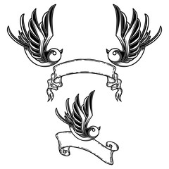 Set of vintage style tattoo with swallow birds and ribbons background. Design element for logo, label, emblem, sign.