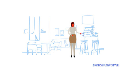 woman waitress holding order modern restaurant interior female character full length sketch flow style horizontal