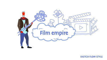 senior producer holding movie camera film empire concept man making video cinema production clapperboard studio equipment full length sketch flow style horizontal