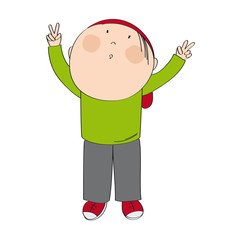 Cute little boy with red baseball cap making a victory sign with both his hands, looking up - original hand drawn illustration