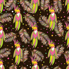  Seamless texture. Multicolor pattern of parrots birds and feathers . Embroidery colorful simplified.