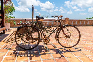 Old-fashioned, retro tricycle. vintage trishaw. traditional rickshaw.