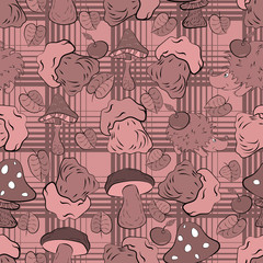 Seamless texture. Multicolor pattern of hedgehogs, mushrooms and leaves. Doodle style, funny picture. Monochromee drawing.