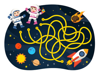 Maze games find the path for Astronaut with space and spaceship theme collection. illustration. Space scenes. 