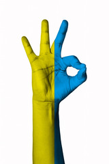 Hand making Ok sign, Ukraine flag painted as symbol of best quality, positivity and success - isolated on white background