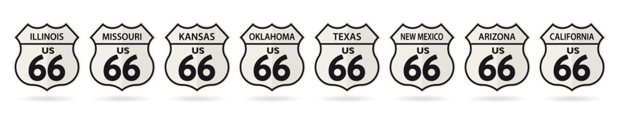 Shields of states crossed by the Historic US Route - obrazy, fototapety, plakaty