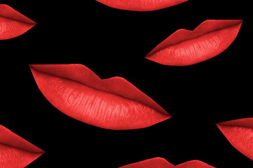 Girl's Red lips, kiss on black background. Erotica, sex, temptation. Fashion concept