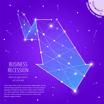 The recession and decline business geometric art concept. Flyer, brochure layout template. The downward arrow graph drawn with editable strokes weight. The falling arrow abstract vector illustration.
