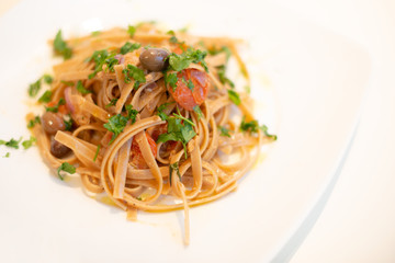 Italian Pasta with onion, tuna, and taggiasche olives