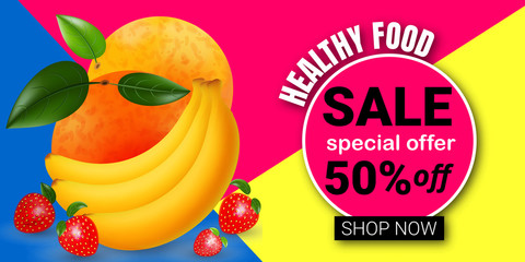 Logo design template for shops and cafes Healthy Eating .Vector illustration of summer sale and special offer words on fruits pattern.