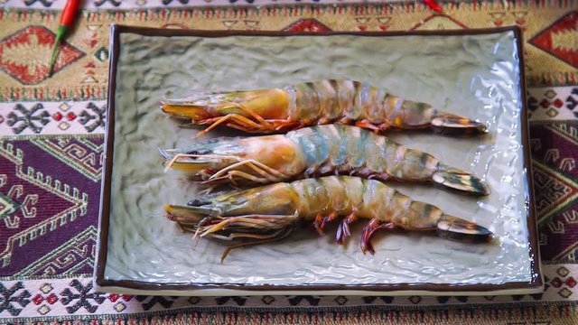 King Prawns Lie on a Platter in a Restaurant