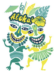 Vintage Aloha Tiki illustration, Tropical Tiki party, Hawaii party time, Tiki bar, Aloha hawaii t-shirt print, green and yellow color palette