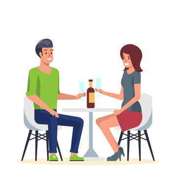 Young Couple in Romantic Date in Cafe. Two Lovers in Vacation have Romance Dining at Restaurant with Wine. Man and Woman Friends Meeting and Conversation at Cafeteria. Flat Vector Illustration.