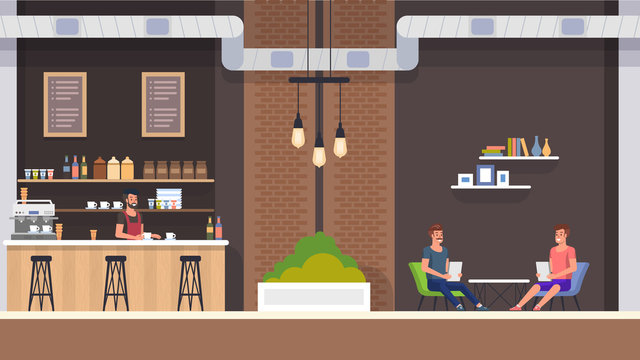 Modern Cafe Interior with Barista in Bar Counter. Happy Guy Company Sitting at Table and Hold Menu. Friends Meeting at Restaurant, Order Cappuchino or Tea and Bakery. People Character Illustration.