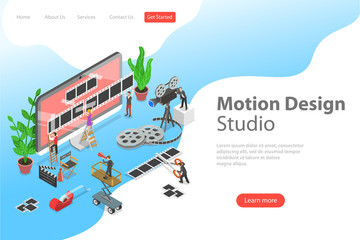Isometric flat vector landing page template of motion design studio, video editor app, creating video online.