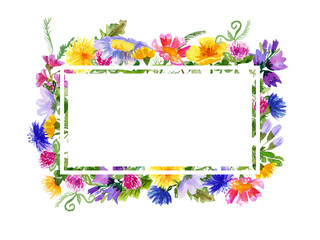 Frame with watercolor wild flowers on white