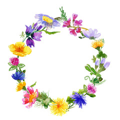 Fototapeta na wymiar Wreath with watercolor wild flowers on white