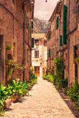 Fototapeta na wymiar Valldemossa beautiful streets decorated in plant pots and colorful flowers