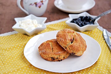 Traditional English scones with dried cranberries on a white plate. Served with jam and whipped cream.