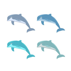Dolphin jumping SET on isolated background. Vector cartoon illustration.