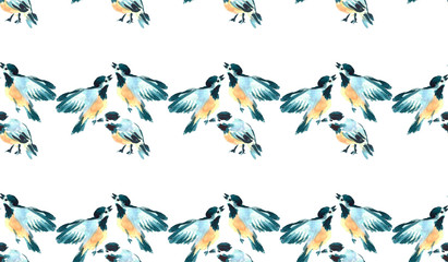 Watercolor tit birds illustration. Hand painted seamless pattern. Wild animals.