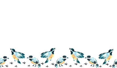 Watercolor tit birds illustration. Hand painted seamless border. Wild animals.