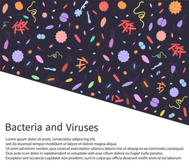 Colorful banner with different dangerous viruses and bacteria with text. Vector illustration for web design