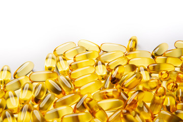  Omega-3 fish fat oil capsules on a white background. 