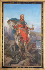 The painting of St. Olav the king of Norway by Pius Adamowitsch Welonsky (1893) on side altar of Basilica dei Santi Ambrogio e Carlo al Corso, Rome, Italy 